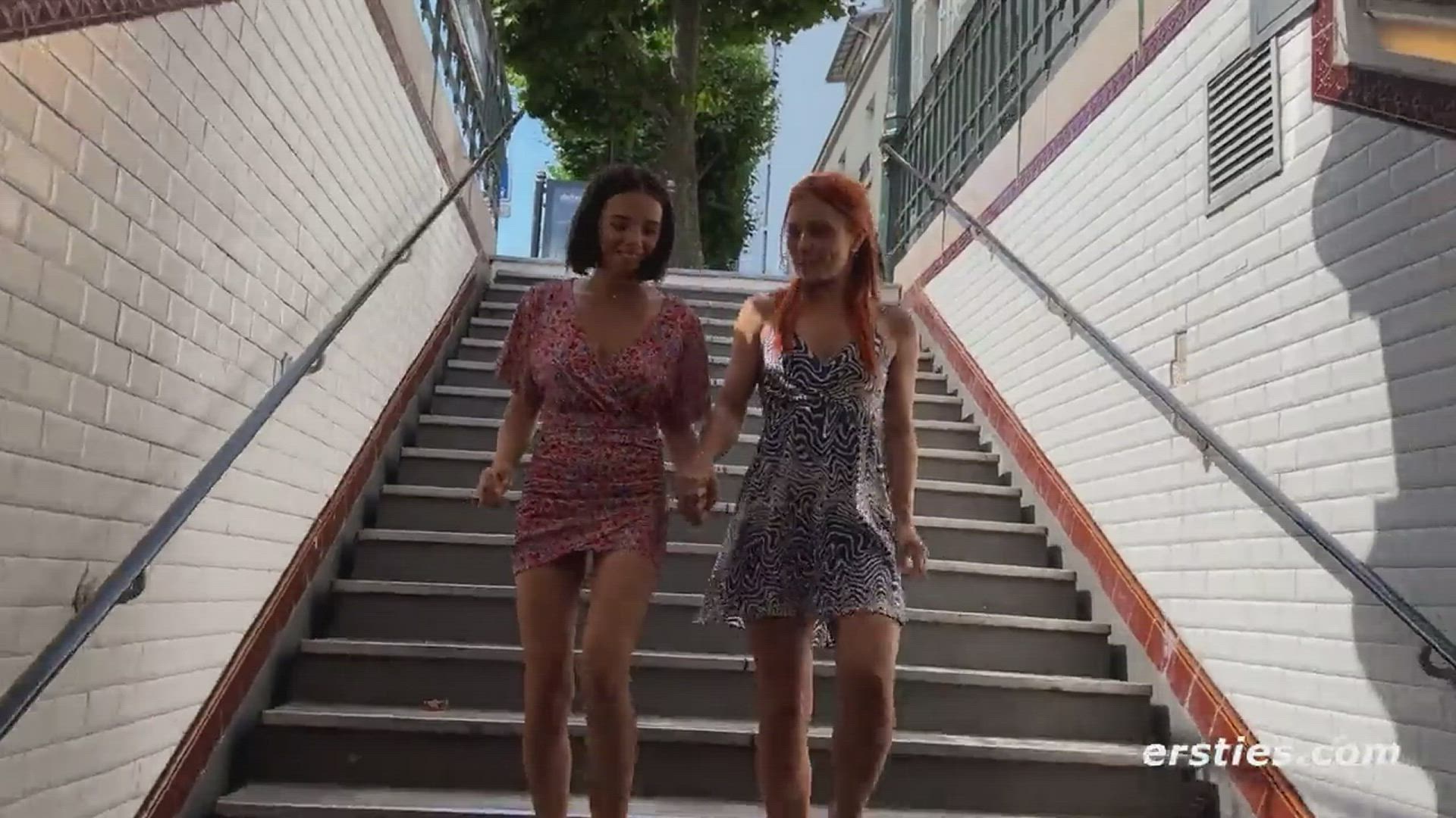 Two Hotties Flash In A Train Station Before Getting Caught