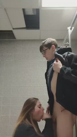 She Makes Him Cum In Public Bathroom