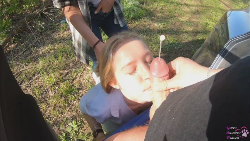 (FFM) Outdoor Cum Facial While Her Friend Rubs Her Pussy